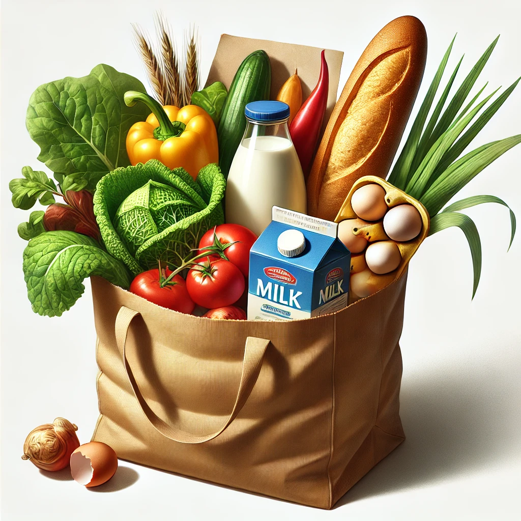 A realistic illustration of a brown paper grocery bag filled with various fresh ingredients. The bag contains a baguette sticking out, a bunch of leafy greens, a carton of eggs, a bottle of milk, a few colorful vegetables like tomatoes, bell peppers, and carrots, along with a wrapped piece of cheese. The scene is well-lit with natural lighting, highlighting the textures of the ingredients.